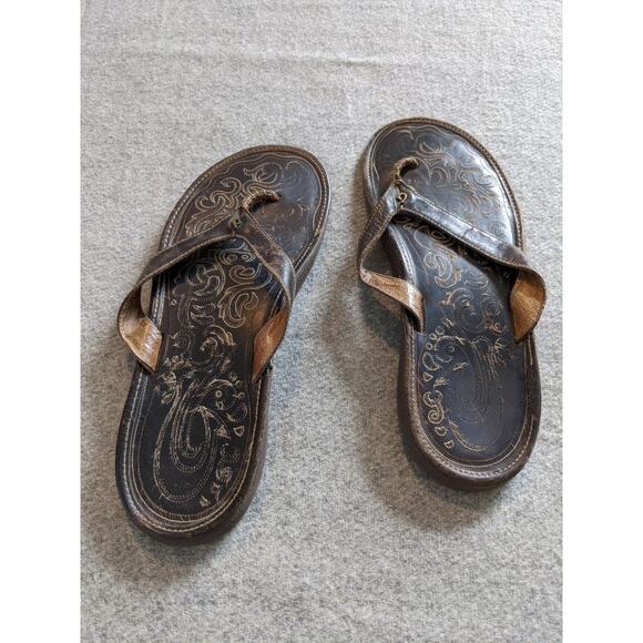 Olukai Paniolo Leather Sandals Womens Size 10 Brown Slippers Thongs Flip Flops - Picture 1 of 6